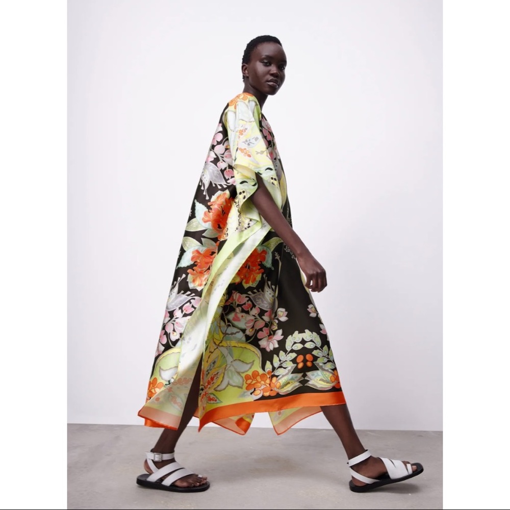 Zara RARE Multicolored Floral Printed Asian Satin Kimono Kaftan Scarf Midi Dress - Picture 3 of 15